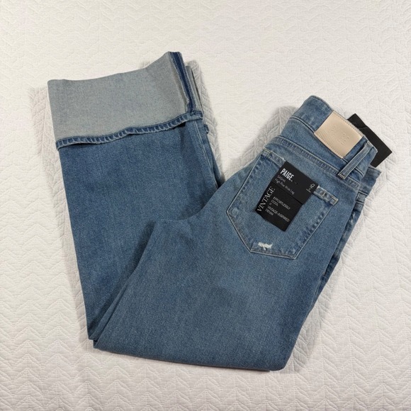PAIGE Sasha Ankle Wide Leg Cuffed Jeans Storybook Blue Distressed Womens 28x26
